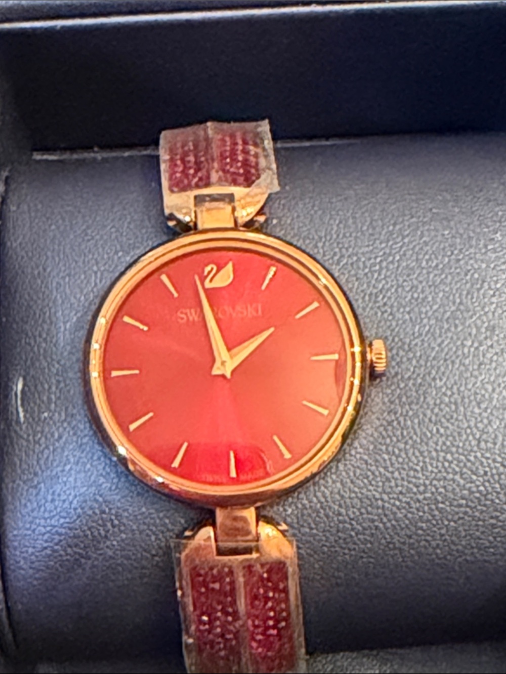 Swarovski Gold-Tone Watch with Red Dial and Red Crystal Accents NIB